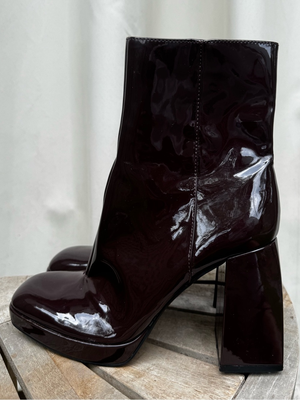 Bershka Deep Burgundy Patent Block Heel Ankle Boots